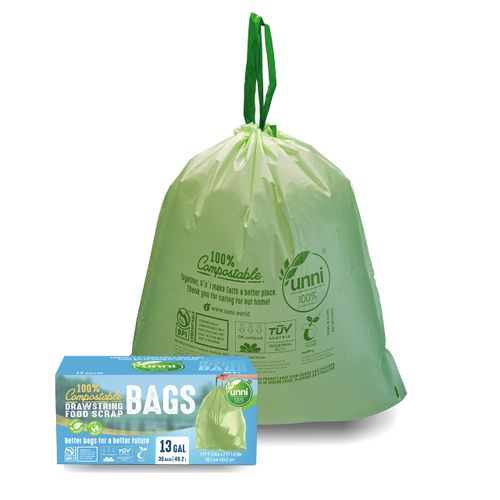 UNNI Compostable Tall Kitchen Drawstring Trash Bags, 13 Gallon, 49.2 Liter, 30 Count, Heavy Duty 1 Mils, Food Waste Bags, ASTM D6400, US BPI, CMA and Europe OK Compost Certified, San Francisco