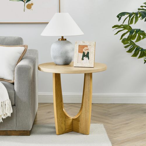 espidoo Round Side Table Modern Wooden: 25" End Table with U-Shaped Legs for Living Room - Mid Century Night Stand Sofa Companion for Urban Apartments (Oak Color)