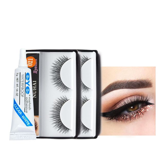 Natural False Eyelashes, 2 pairs Strip Lashes with Glue, Lashes Fluffy Wispy Long 3D Reusable Lashes, For Daily Office Dating, Fake Eyelashes