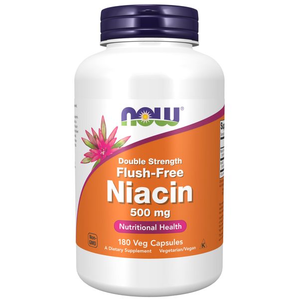 NOW Foods Supplements, Niacin (Vitamin B-3) 500 mg, Flush-Free, Double Strength, Nutritional Health, 180 Veg Capsules