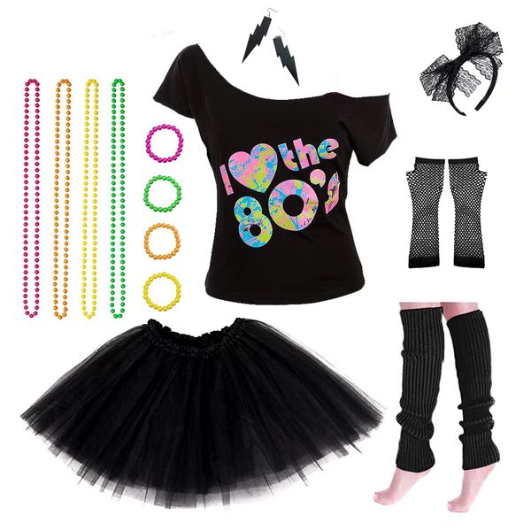 Women's 80's Costumes with Accessories Set Black Tutu Skirt Earrings Necklace Bracelets Fishnet Gloves Legwarmers Headband Large(8-10) …