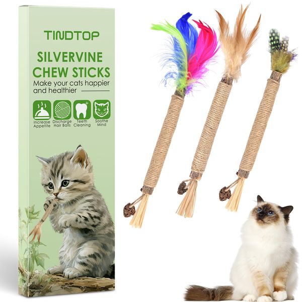 TINDTOP Silvervine Sticks for Cats with Natural Feather, Catnip Chew Toys for Kittens Teeth Cleaning, Matatabi Dental Care, Calm Cat Anxiety and Stress (3 Pack)