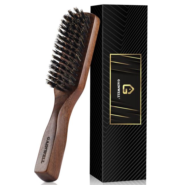 Mens Wild Boar Bristle Hair Brush for Men - Stiff Bristles for Thick Hair, Black Walnut Wooden Handle Hairbrush by GAINWELL, Gift for Men