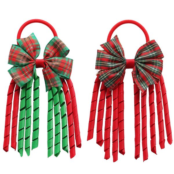 2PC Red Green Christmas Bow Hair Ties 3 Inch Women Girls Party Dress up Curly Ribbon Plaid Hair Accessories