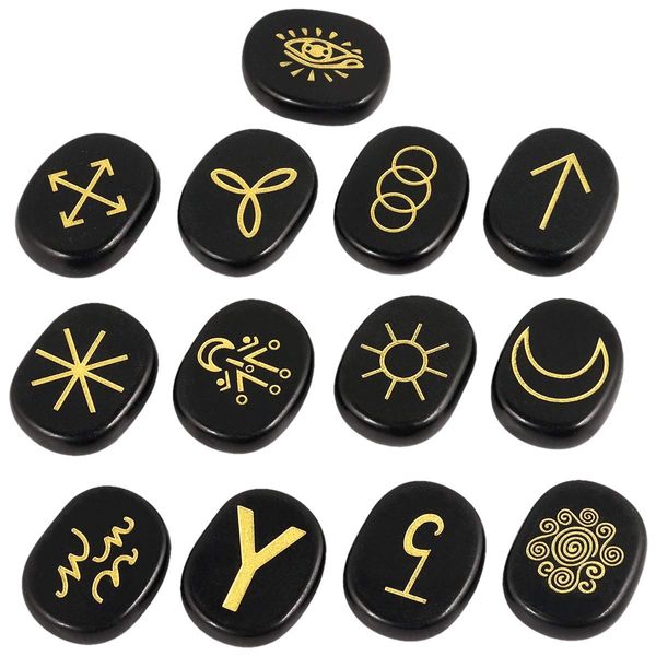 mookaitedecor 13pcs Black Obsidian Witches Runes Set, Reiki Stones Engraved Gypsy Symbol, Healing Crystal Palm Stone for Meditation Divination Spiritual Wiccan Gifts Witchcraft Altar Decor