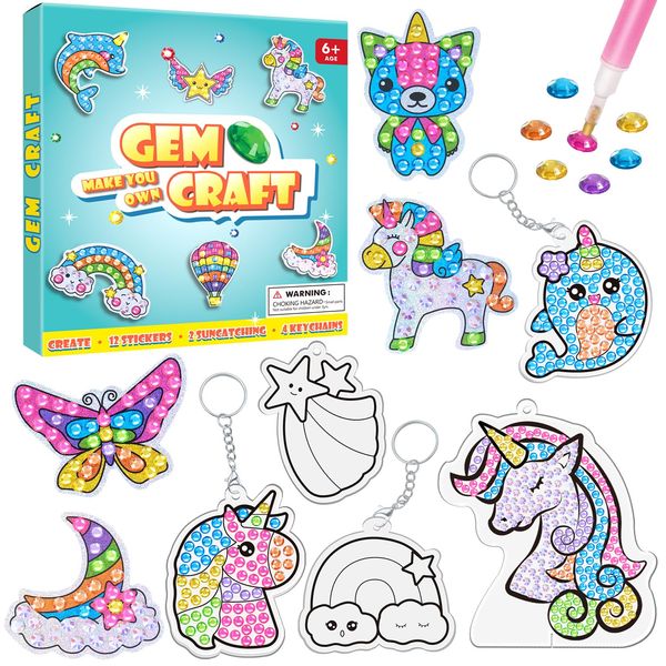 WAHFNG Gem Art, Diamond Art Kids Painting Kit -Make Your Own Stickers,Keychains & Suncatchers - Arts and Crafts for Girls and Boys Ages 6-12 - Best Gift Ideas for Age 6, 7, 8, 9, 10,11,12 Years Old