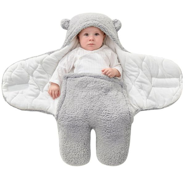 FUNUPUP Baby Pucksack Winter Neugeborene Einschlagdecke Baby Schlafsack Wintersack Weich Warm Wickeldecke für Säugling Baby (Grau, 0-3 Monate)