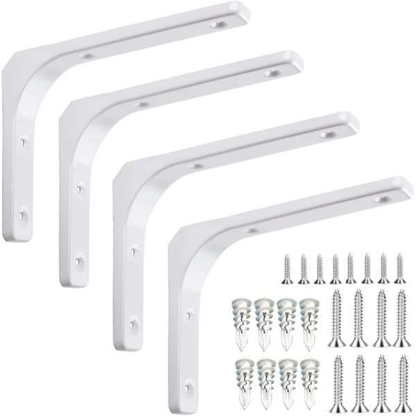 7.9 x 5.9 x 1.2 inches (200 x 150 x 30 mm) White Shelf Brackets, Set of 4, L-Shaped Hardware, Steel, 7.9 inches (20 cm), Accessories: Screws, Board Anchors, Installation Instructions Included (1.6,