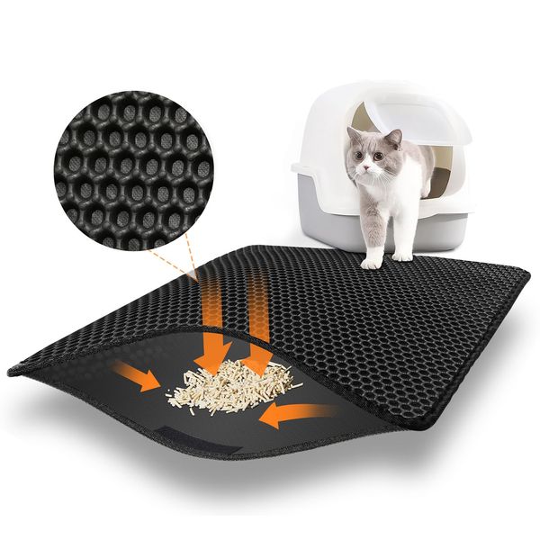 AJOXEL Cat Litter Mat, 60 x 45 cm Big Litter tray Mat, Double Layer Waterproof Cat Litter Mat Litter Trapping Mat, Honeycomb Design Cat Litter Tray Mat Non-Toxic Nonslip Black