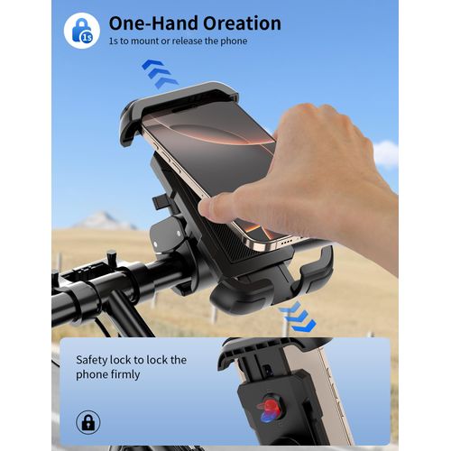 Bike Phone Holder, Motorcycle Phone Mount, [Camera Friendly] [Quick Install] [Double Locked]Clip for Scooter, 360° Rotate Cell Phone Clamp for iPhone 16 15 Pro Max/14/13, Galaxy and More 4.7-7" Phone