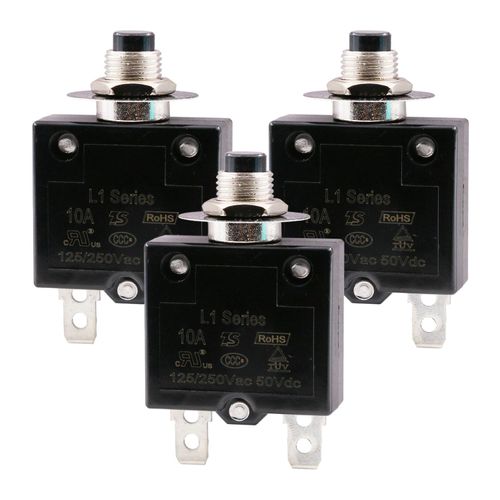 T Tocas Thermal Circuit Breaker 10 Amps, Thermal Overload Protector L1 Series 125-250V AC 50V DC Push Button Manual Reset Circuit Breaker (3PCS