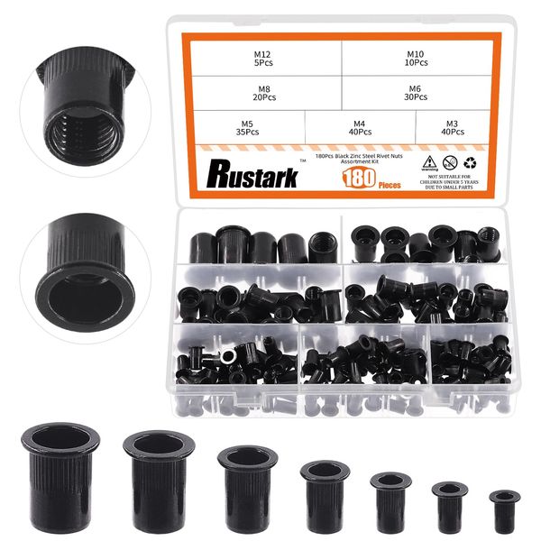 Rustark Rivet Nuts Carbon Steel Black Zinc Plated Rivet Nuts Knurled Flat Head Rivnuts Threaded Insert Nuts (Assorted Sizes)