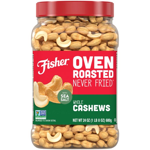 Fisher Oven Roasted Never Fried Whole Cashews, 24 Ounces (Pack of 1), Snacks for Adults, Made With Sea Salt, No Added Oils, Artificial Ingredients or Preservatives, Gluten Free, Vegan Protein, Bulk