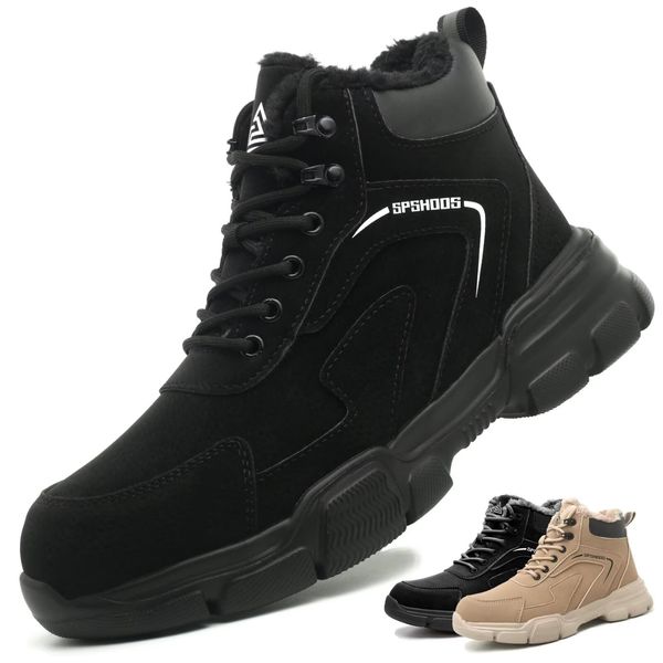 SPSHOOS Winter Safety Shoes Men Women High Work Shoes Warm Lined Safety Boots Waterproof Non-Slip with Steel Toe Caps, black, 44 EU