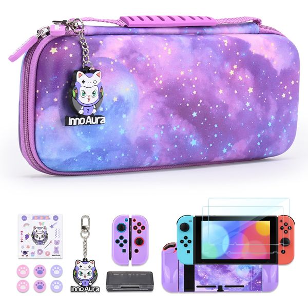 Carrying Case for Switch, innoAura Switch Accessories Set with Switch Storage Case Portable, Switch Protective Cover, Switch Shell Purple, Switch Screen Protector, Switch Game Case (Galaxy Purple)