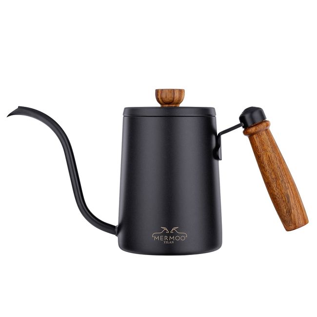 Mermoo Yilan Coffee Drip Pot, Coffee Kettle, Wooden Pattern, Lid Included, Popular, Drip Kettle, 20.3 fl oz (600 ml), Direct Fire, Coffee Pot, Stainless Steel, Camping, Kettle, Black