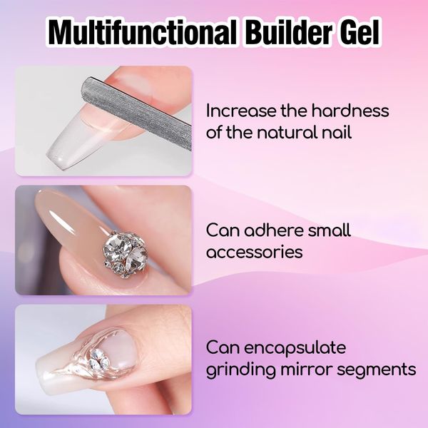 ADHERE Clear Builder Gel for Nails Thickening, LED Nail Lamp Cured, Extension Gel Rhinestone Nail Glue Gel in a Bottle for Nail Art Design