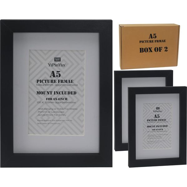 A5(14.8x21cm) Document Frame with Mount for 6x4'' Set of 2,Black 6x4'' Picture Frame with Clear Acrylic Front, A5 Certificate Frames 2Pack,P Frame A5 for Desktop and Wallmounted