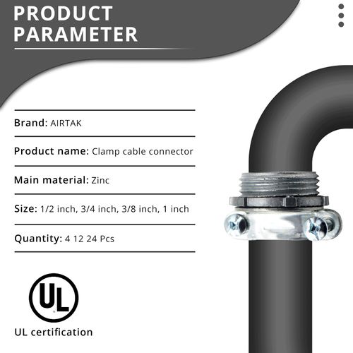 AIRTAK 12Pcs Silver Zinc Clamp-Type Cable Connectors for Electric Wires, Metallic Conduit Cable Protection(3/8”).