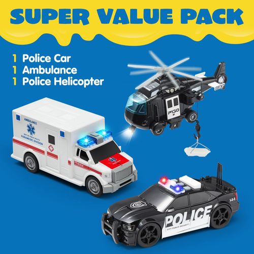 JOYIN Toddler Truck Toys for 3 4 5 6 7 Year Old Boys - Police Car Toy Set, Emergency Vehicle Playset, Friction Powered Car with Lights and Sounds, Christmas Birthday Gifts for Boys Girls Age 3-9