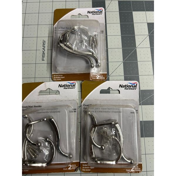 NEW 3-pack lot 2/pc National Hardware N192-781 Coat Hat Robe Hook Nickel Finish