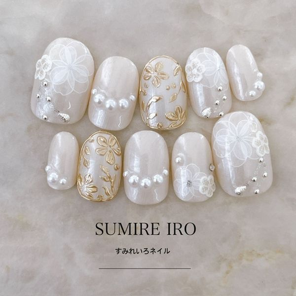 Nail tips False nails Bridal nails Short Coming-of-age nails Design Simple nails Nail Beige nails Small nails Large nails Very short Chibi nails Adult nails False nails Custom nails<br> [o2181] Pearl beige line flower gold mirror flower