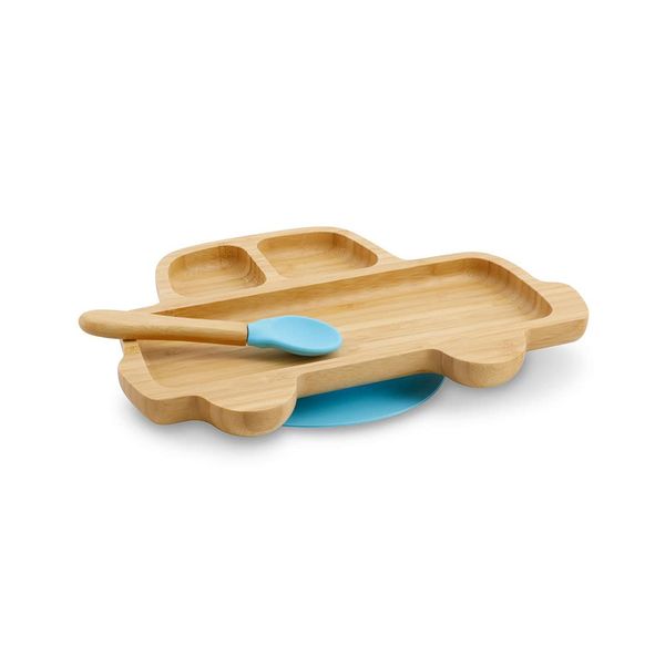 BIOZOYG Bamboo Plate Set Car I Suction Cup Plate with Spoon - FSC Certified I Cute Bamboo Wooden Bowl Set Toddler - Kids Plate & Snack Bowl I Baby Bamboo Tableware Blue