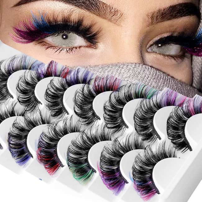 Farbige Wimpern, 5D-falsche Wimpern mit Farbe, künstliche Nerzwimpern, Wispies, flauschige, farbige Wimpern, dramatische Streifenwimpern für Weihnachten, Cosplay, Kostüme, künstliche Wimpern, 7 Paar