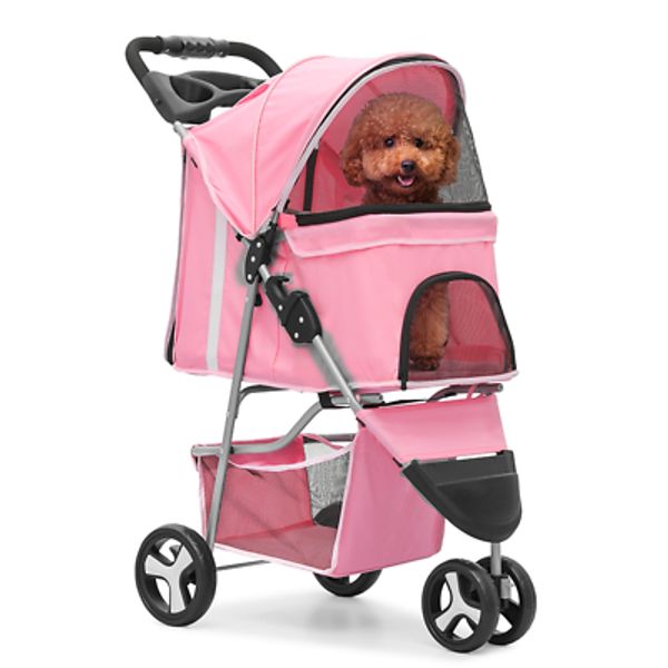 Foldable Pet Stroller w/3 Wheels Pet Cart 360° Swiveling,Weather Cover,Pink