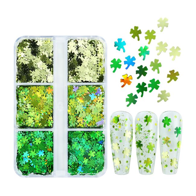 Clover Nail Art Glitter Green 3D Laser Shamrock Nail Sequins 6Grids Sparkly Four-Leaf Clover Nail Flakes for Women Girls DIY Acrylic St Patricks Day Nails Decorations Craft