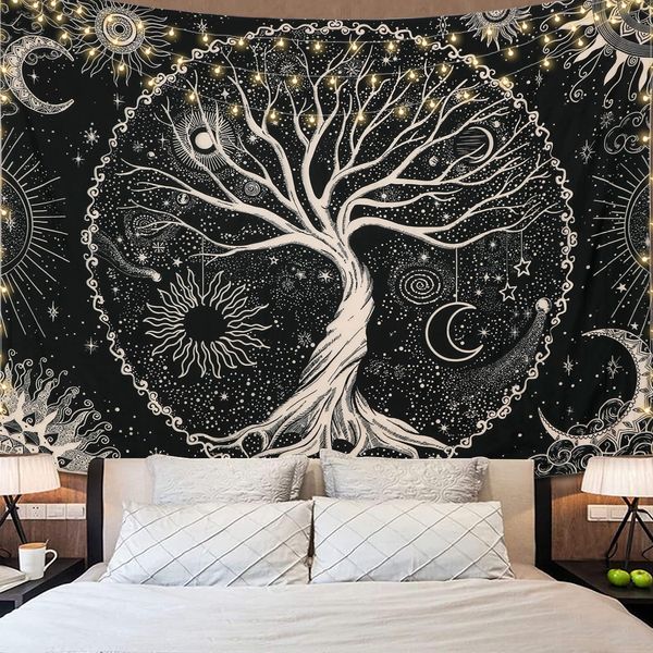 Dremisland Tree of Life Tapestry Trippy Mandala Wall Tapestry Sun and Moon Tapestries Black Galaxy Stars Tapestry Bohemian Aesthetic Wall Hanging Bedroom Home Decor (L/148X200cm(58"X79"), Black)