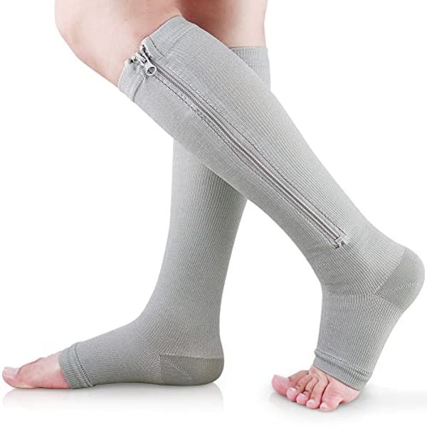 Ailaka Zipper Compression Socks 15-20 mmHg for Women & Men, Knee High Open Toe Varicose Veins Hosiery for Edema, Swollen