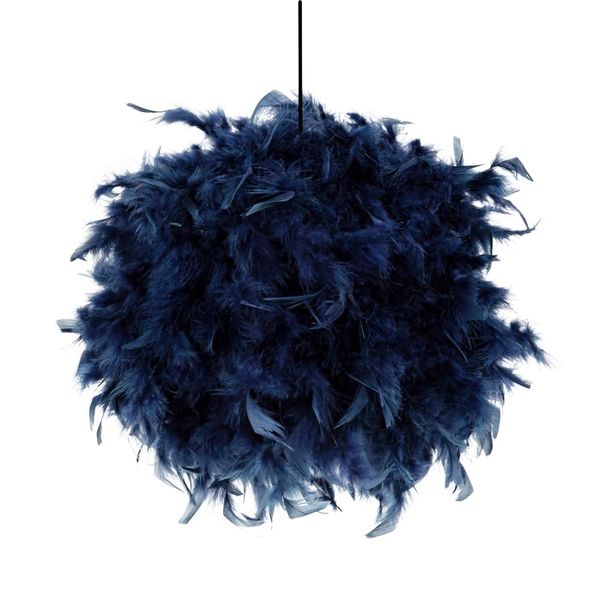 Eye-Catching and Modern Real Natural Navy Midnight Blue Feather Decorated Small Pendant Light Shade 40watt Maximum Perfect Statement Piece 25cm Diameter by Happy Homewares