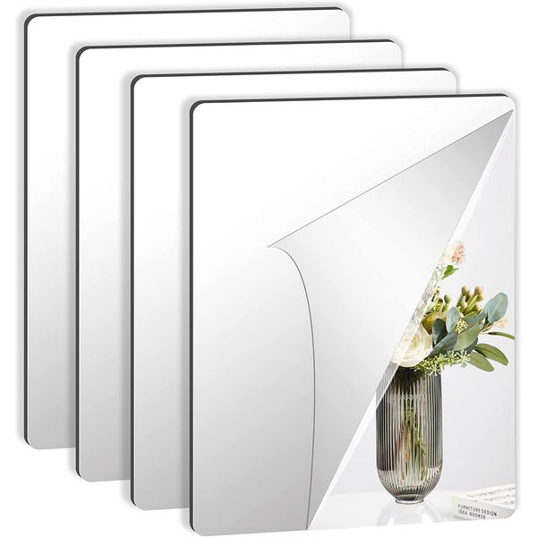 JUNEBRUSHS 4 Pack Self Adhesive Acrylic Mirror, 12X 16 Inch Mirror Tiles,Flexibl