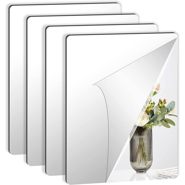 JUNEBRUSHS 4 Pack Self Adhesive Acrylic Mirror, 12X 16 Inch Mirror Tiles,Flexibl