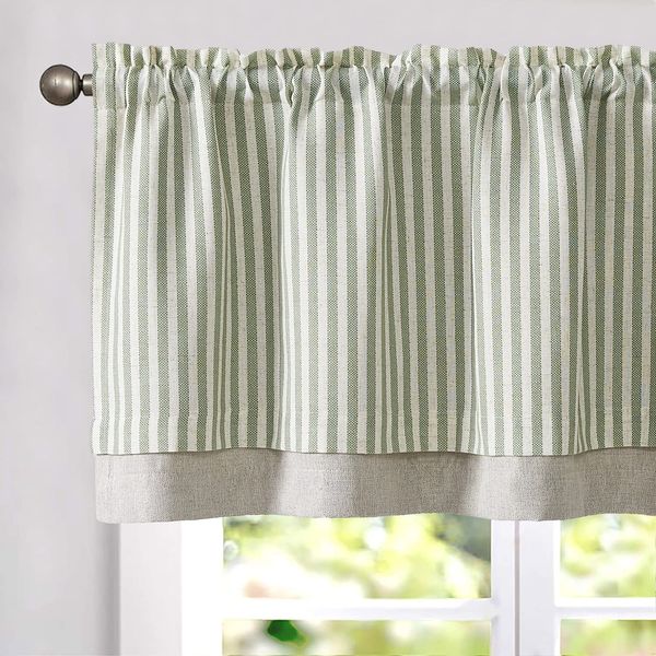 TOPICK Striped Short Kitchen Curtain Light Filtering Valance for Kitchen Windows Living Room 18 Inch Double Layer Farmhouse Window Pinstripe Valance Overlay Valance Rod Pocket 1 Panel Green on Beige