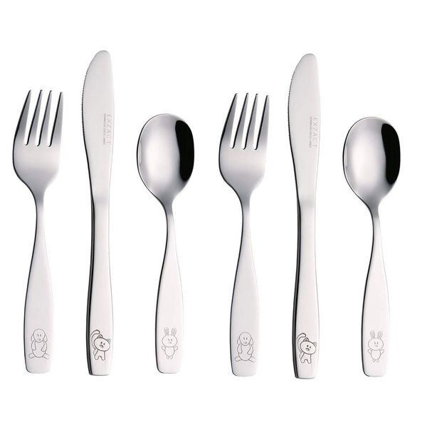 EXZACT Children's Cutlery Stainless Steel 6pcs Set/Kids Cutlery/Toddler Utensils/Flatware - 2 x Forks, 2 x Safe Dinner Knives, 2 x Dinner Spoons - Engraved Dog Cat Bunny Design