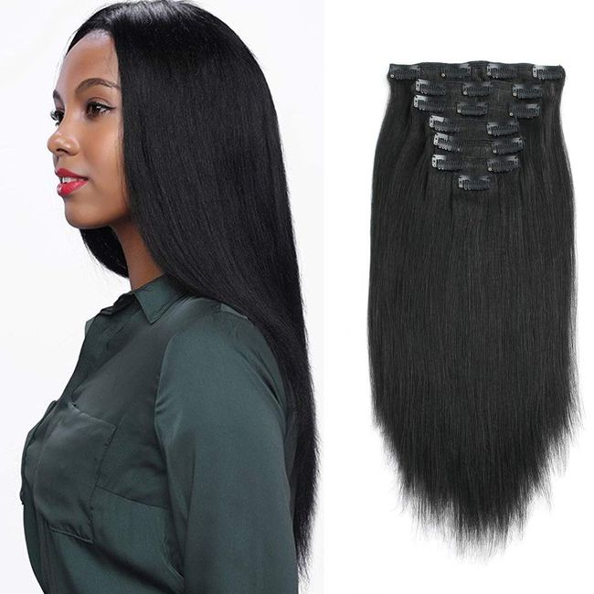 ABH AMAZINGBEAUTY HAIR Real Remy Thick Yaki Straight Clip Ins Black Hair Extensions for African American Relaxed Hair 7 Pieces 120 Gram Per Set, 16 Inch