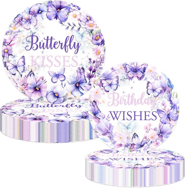 Butterfly Kisses Birthday Wishes Party Plates Spring Butterfly Paper Plates Dinnerware for Butterfly Girls Baby Shower 1st 2nd 3rd 4th Bday Party Supplies Decorations