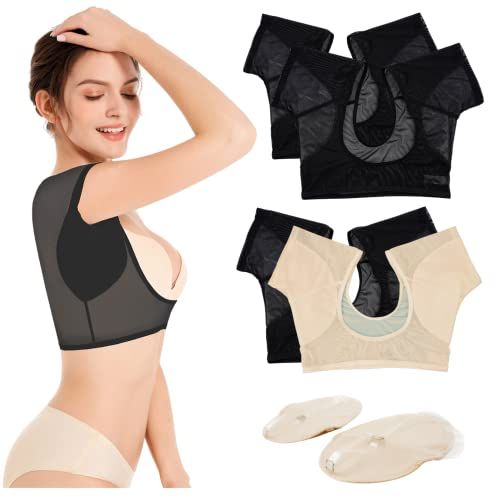 ComfyCover Women's Sweat Absorbing Inner Wear, Ultra Thin Mesh Material, Set of 2 + 2 Shoulder Sweat Pads Included, Shirt, Underarm Sweat Stain Prevention, Beige + Black, Sweat Absorbent, Quick Drying, Odor Resistant, Assorted 2 Pack + Shoulder Sweatband 
