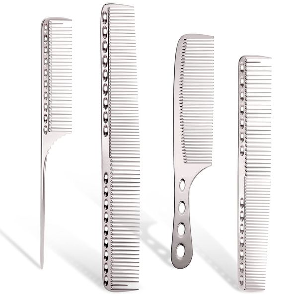 Cgbarber Professional Aluminum Dressing Comb, 4 Types Metal Hair Combs For Hair Styling Included Long Hair Cutting Comb，Short Styling Comb，Handle Comb，Tail Comb(silver)