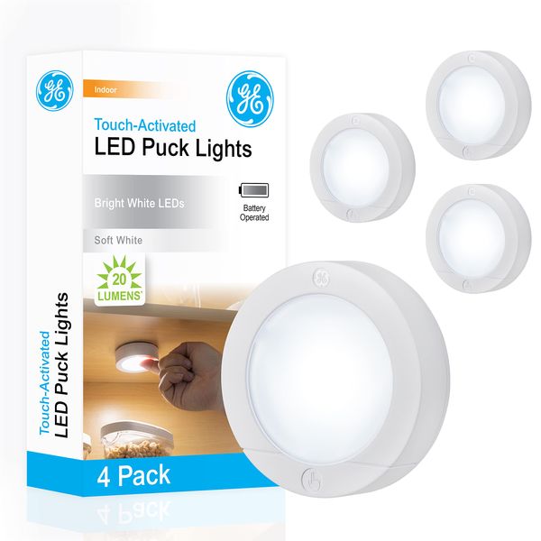 GE Wireless LED Puck Lights, 4 Pack, Battery Operated, 20 Lumens, Touch Light, Tap Light, Stick On Lights, Under Cabinet Lighting, Ideal for Kitchen Cabinets, Closets, Garage and More, 45997 White