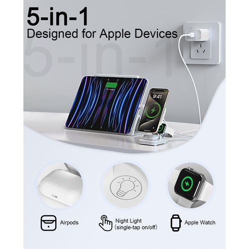 5-in-1 Magnetic Wireless Charging Stand for Apple MagSafe Charger with Night Light for iPhone 16/15/14/13/12, Watch, AirPods, Travel Magnetic Charger Nightstand Charging Station (Adapter Included)