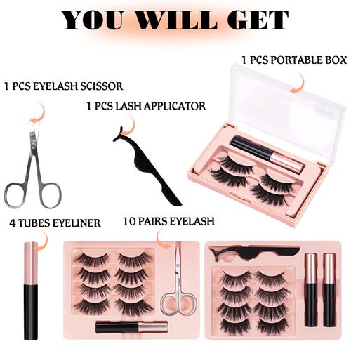 Mlen Diary Magnetic Eyelashes with Eyeliner and Portable Box, Mixed 10 Styles, Magnetic False Eyelashes, Natural Look Eyelashes, 10 Pairs