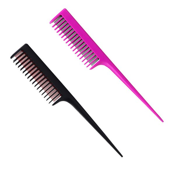 Ryaupy 2 Stück Friseur Zurückkämmen Dreifacher Toupierkamm Rattenschwanz Professioneller Friseur Kamm für Zurückkämmen Haarwurzeln Toupieren, Volumen Hinzufügen, Abendstyling, Schwarz und Rosa Lila