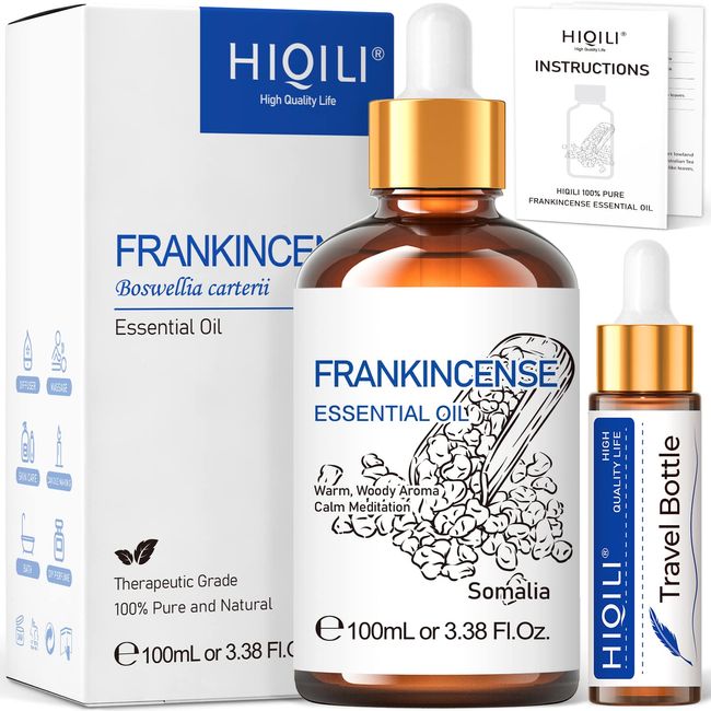 HIQILI Frankincense Essential Oil,100% Pure & Natural Undiluted,for Diffuser Meditate,Relax,Build Confidence - 3.38 Fl Oz