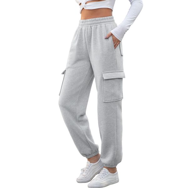 Xnova Hosen Damen Stretch Sweatpants High Waist Freizeithose mit 6 Taschen, Lang Cargo Jogginghose mit Gummizug Baggy Bequeme, Modische Elegant Cargohose Trousers für Frauen Winter Herbst (Grau, S)