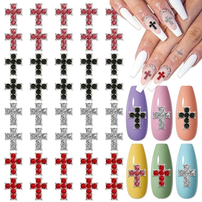 WOKOTO 40pcs Cross Nail Charms for Nail Art 3D Rhinestones Cross Charms Jewelry Flat Back Pink Red Black Rhinestones Nail Cross Charms for Acrylic Nails Cross Nail Art Charms Nail 3D Charms Gems