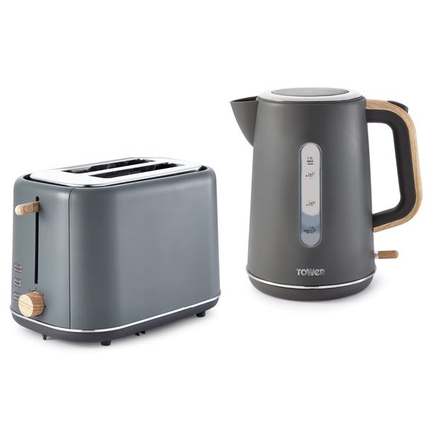 Tower Scandi Grey 1.7L 3KW Rapid Boil Kettle & 2 Slice Toaster. Matching Scandinavian Minimalist Design Kettle & 2 Slice Toaster Set in Grey