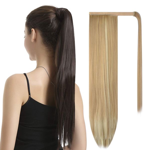 BARSDAR Straight Ponytail Extension - 26 Inch Long Straight Wrap Around Ponytail for Women Clip in Ponytail Hair Extensions Synthetic Blonde Hair Pony Tails Hairpieces Daily - Light Ash Blonde Mixed